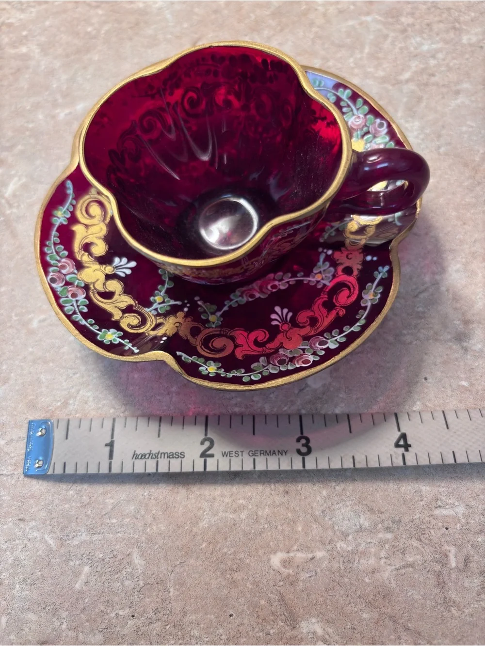 Antique Bohemian Glass Ruby Red Demitasse Cup + Saucer Set Mosier Style
